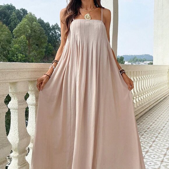 Apricot Boho Womens Linen-like Sleeveless Spaghetti Straps Loose Fit Beach Dress - Picture 4 of 8